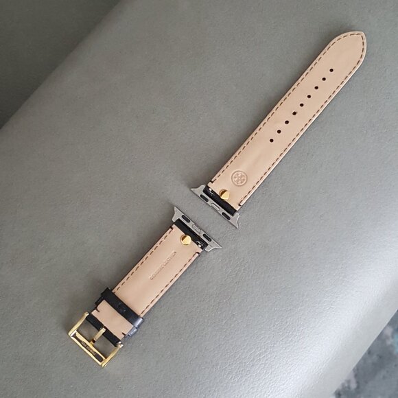 NEW Tory Burch The Kira Black Leather Strap Band For Apple Watch 11 42 Gold - Picture 4 of 7